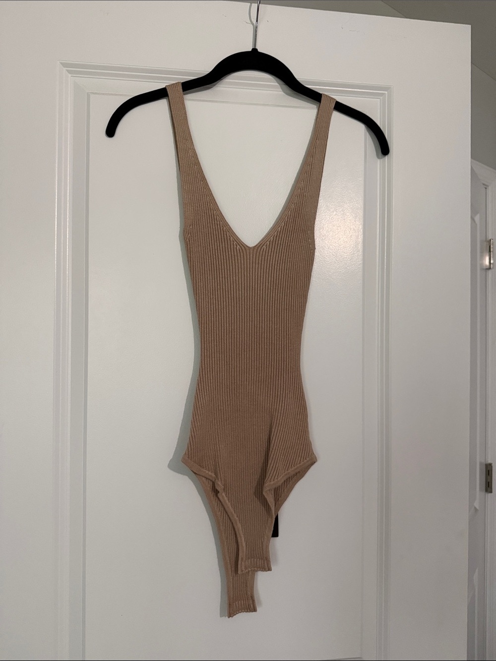 Lulu's Ribbed V-Neck Sleeveless Bodysuit - Beige
